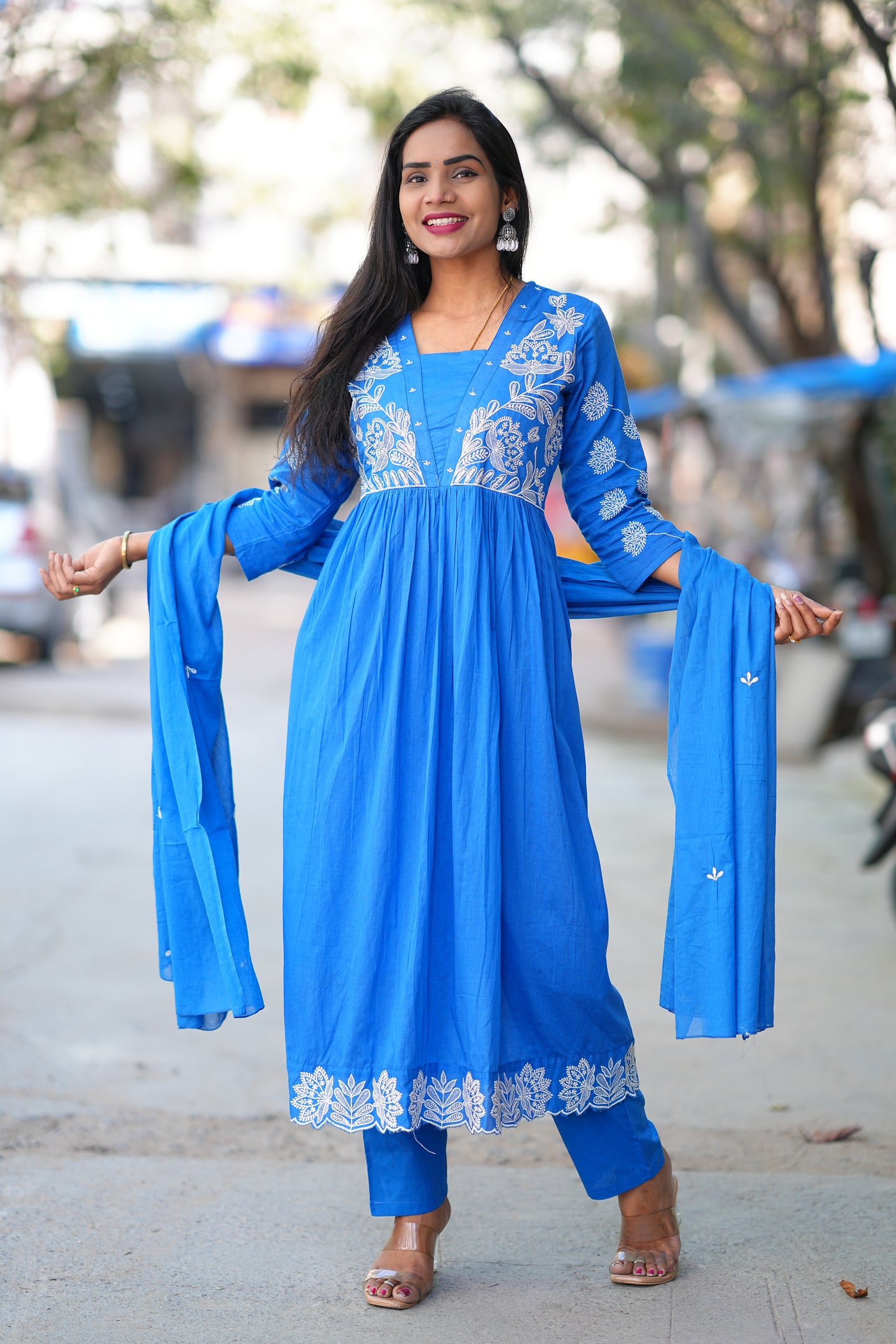 Blue Color Pure Mul Cotton 3 Piece set With Embroidery and Applique Work