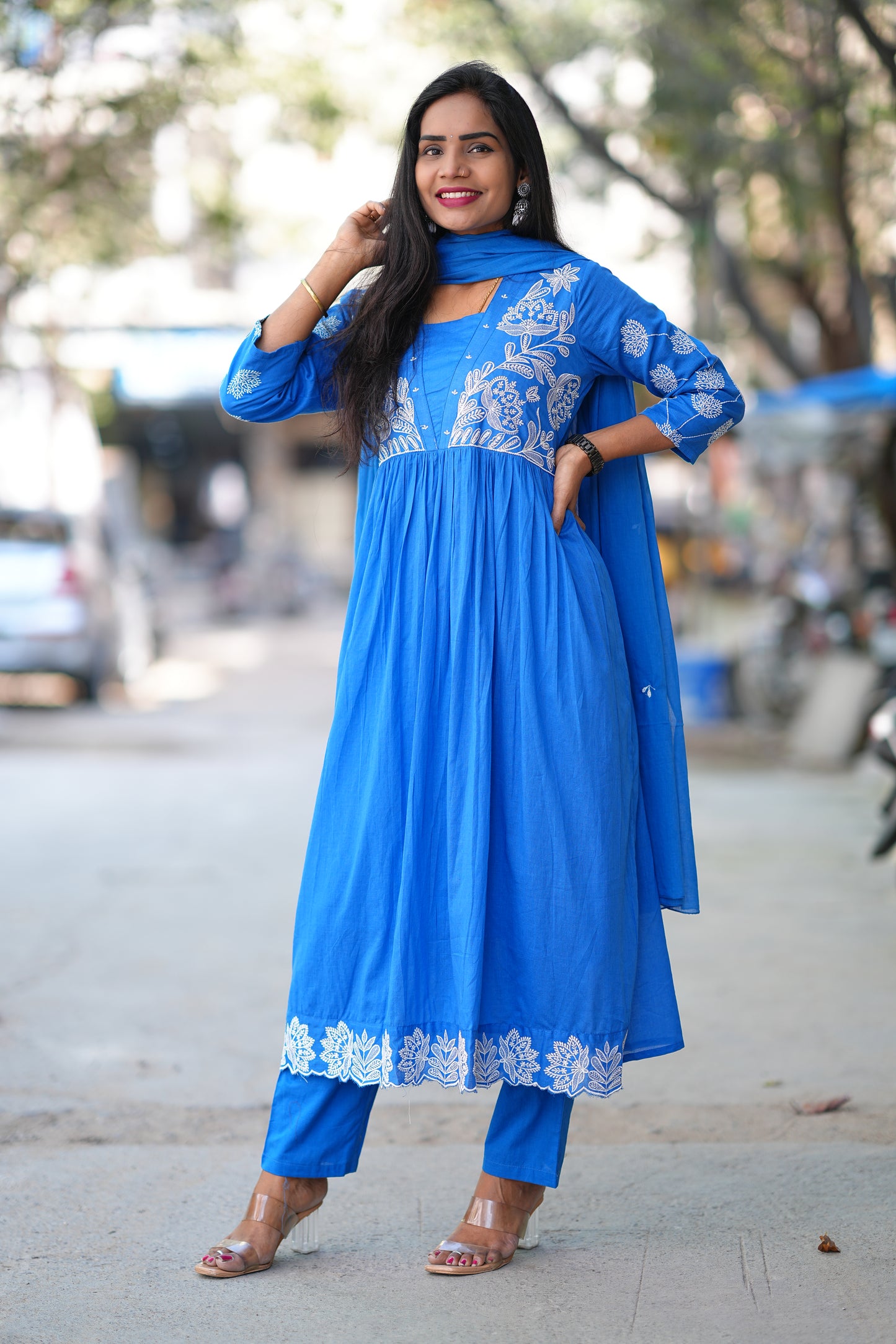 Blue Color Pure Mul Cotton 3 Piece set With Embroidery and Applique Work