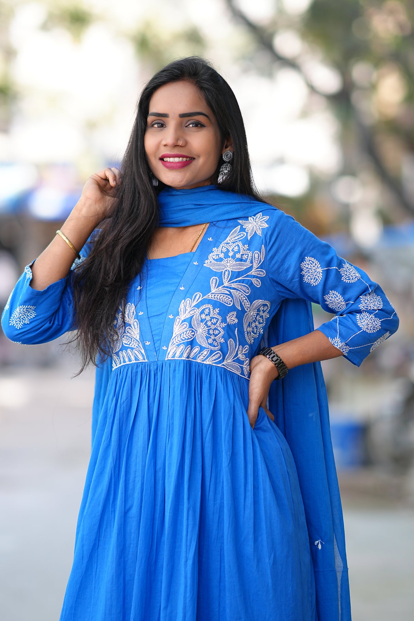Blue Color Pure Mul Cotton 3 Piece set With Embroidery and Applique Work