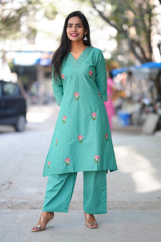 Teal Green Color Jaipur Cotton Cordset With Thread Embriodary Work