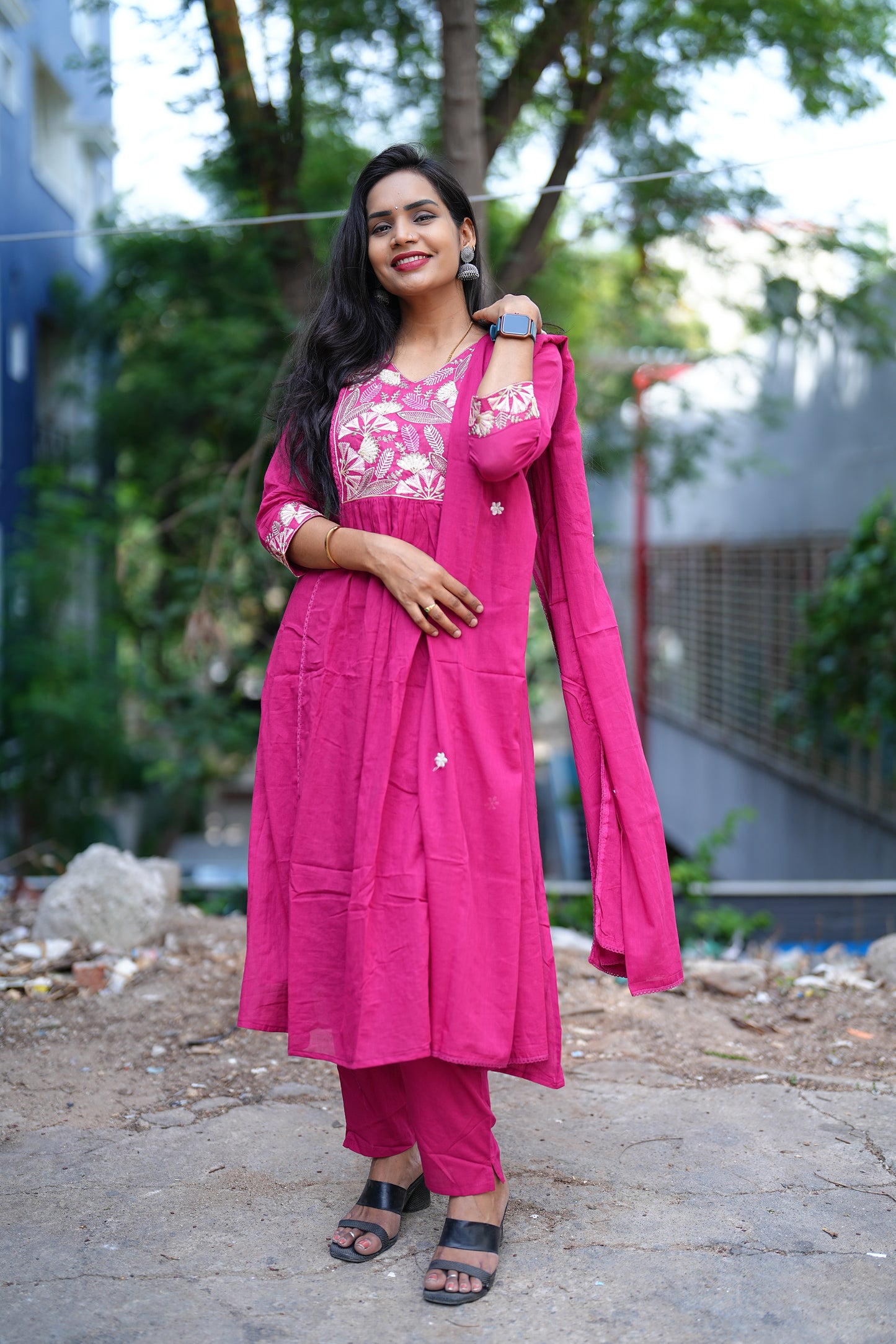 Pink Color Mul Mul Cotton Anrkali 3 Piece Set With Complete Lining