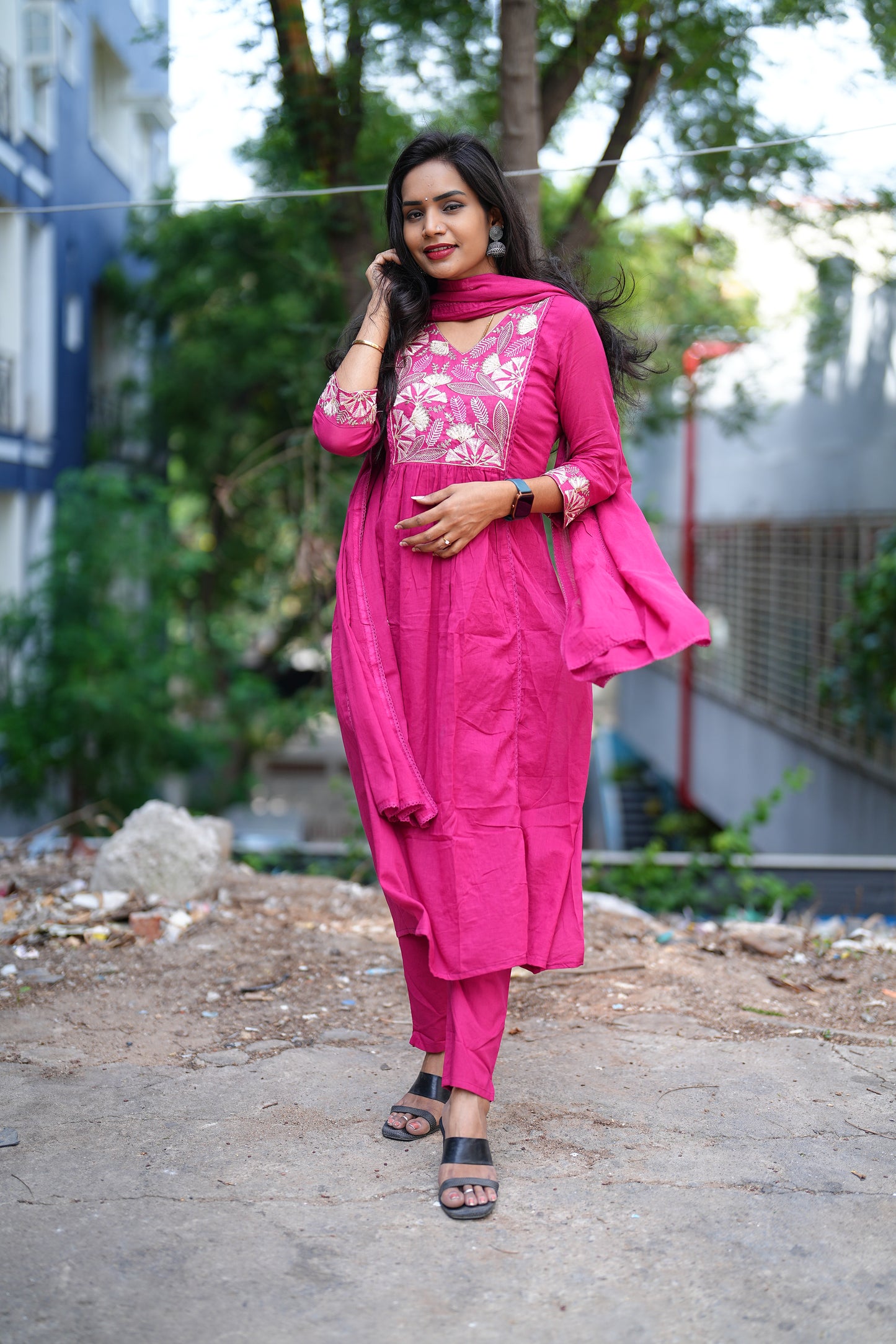 Pink Color Mul Mul Cotton Anrkali 3 Piece Set With Complete Lining