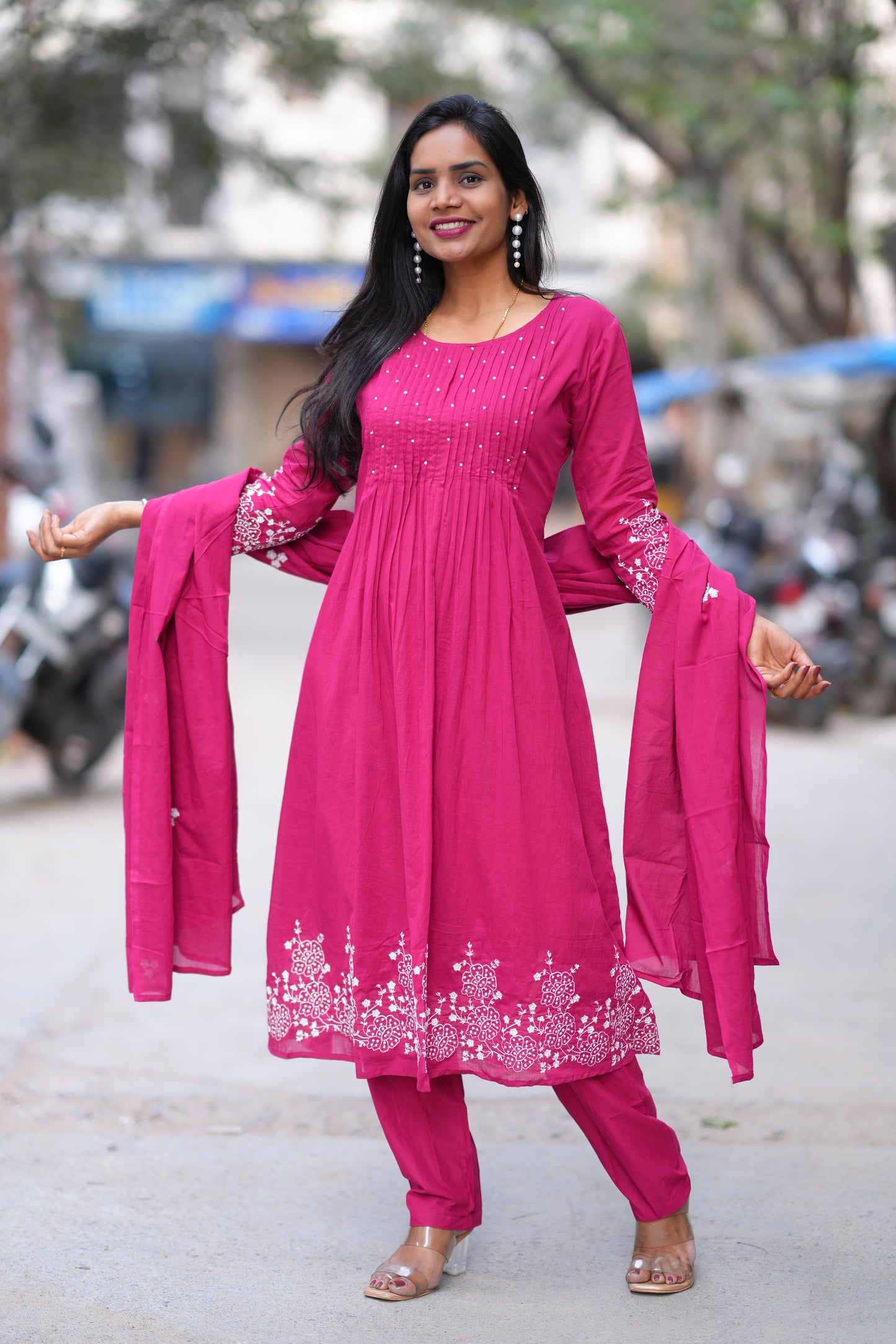 Rani Pink Color Jaipur Cotton 3 Piece Set With Embroidery Work and Complete Lining