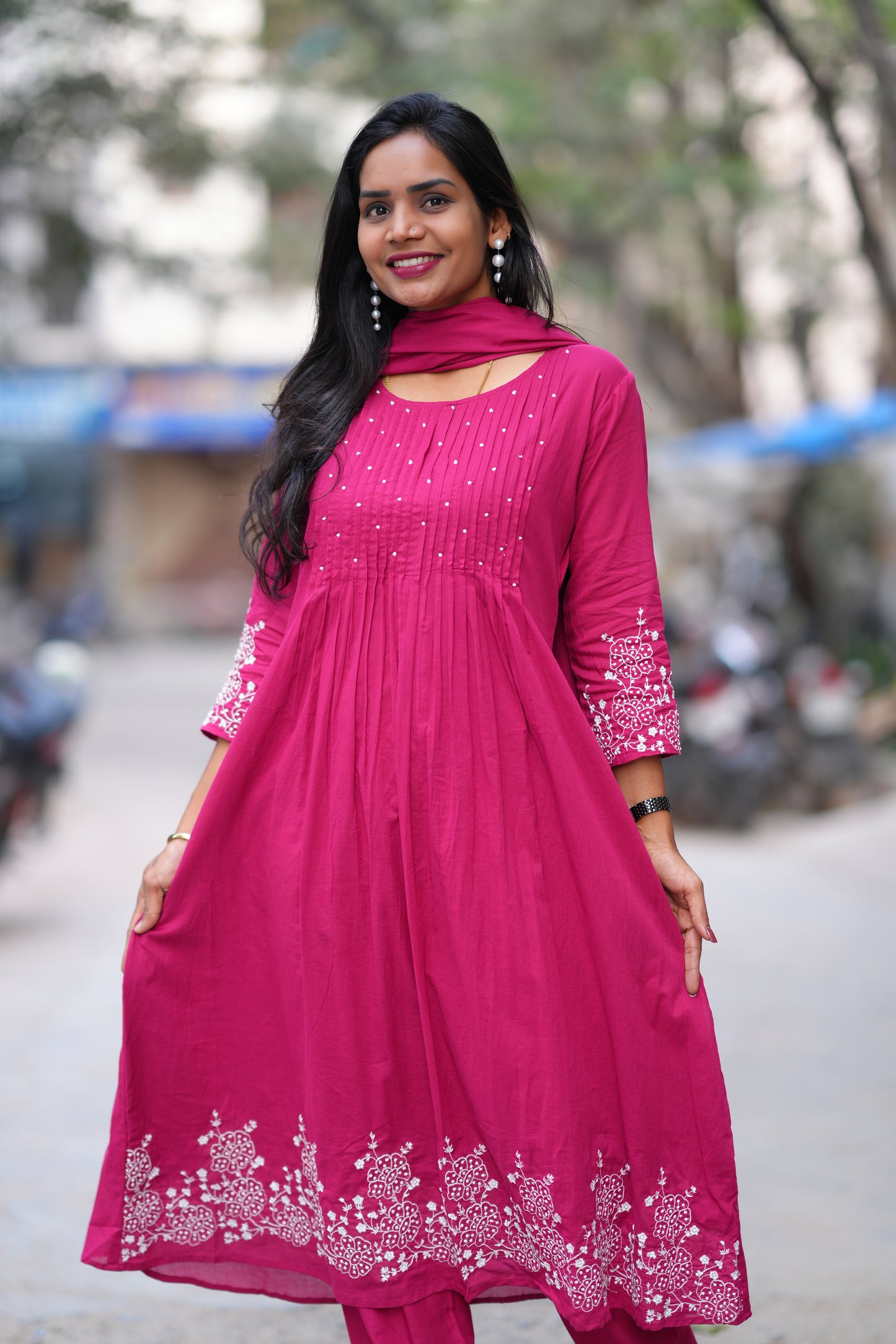 Rani Pink Color Jaipur Cotton 3 Piece Set With Embroidery Work and Complete Lining