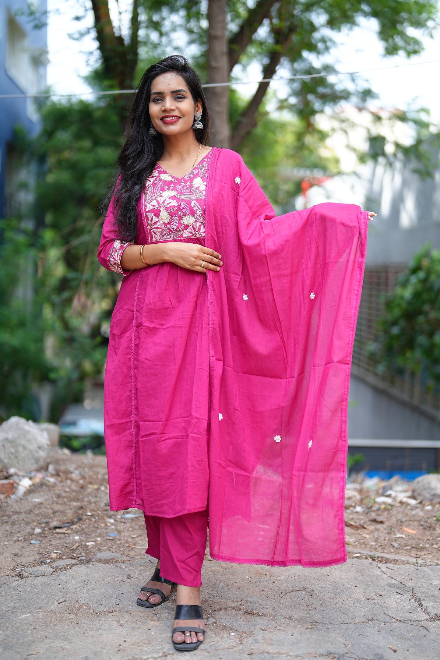 Pink Color Mul Mul Cotton Anrkali 3 Piece Set With Complete Lining