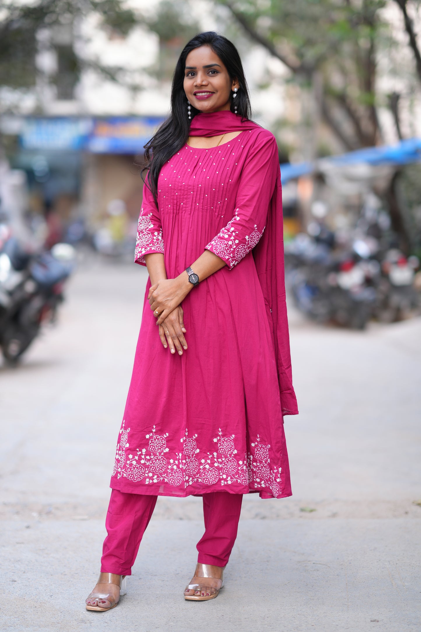 Rani Pink Color Jaipur Cotton 3 Piece Set With Embroidery Work and Complete Lining