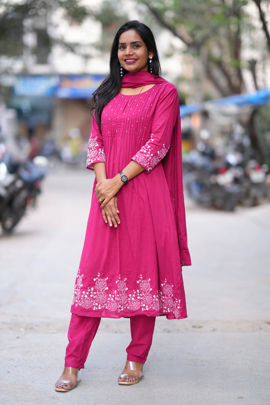 Rani Pink Color Jaipur Cotton 3 Piece Set With Embroidery Work and Complete Lining