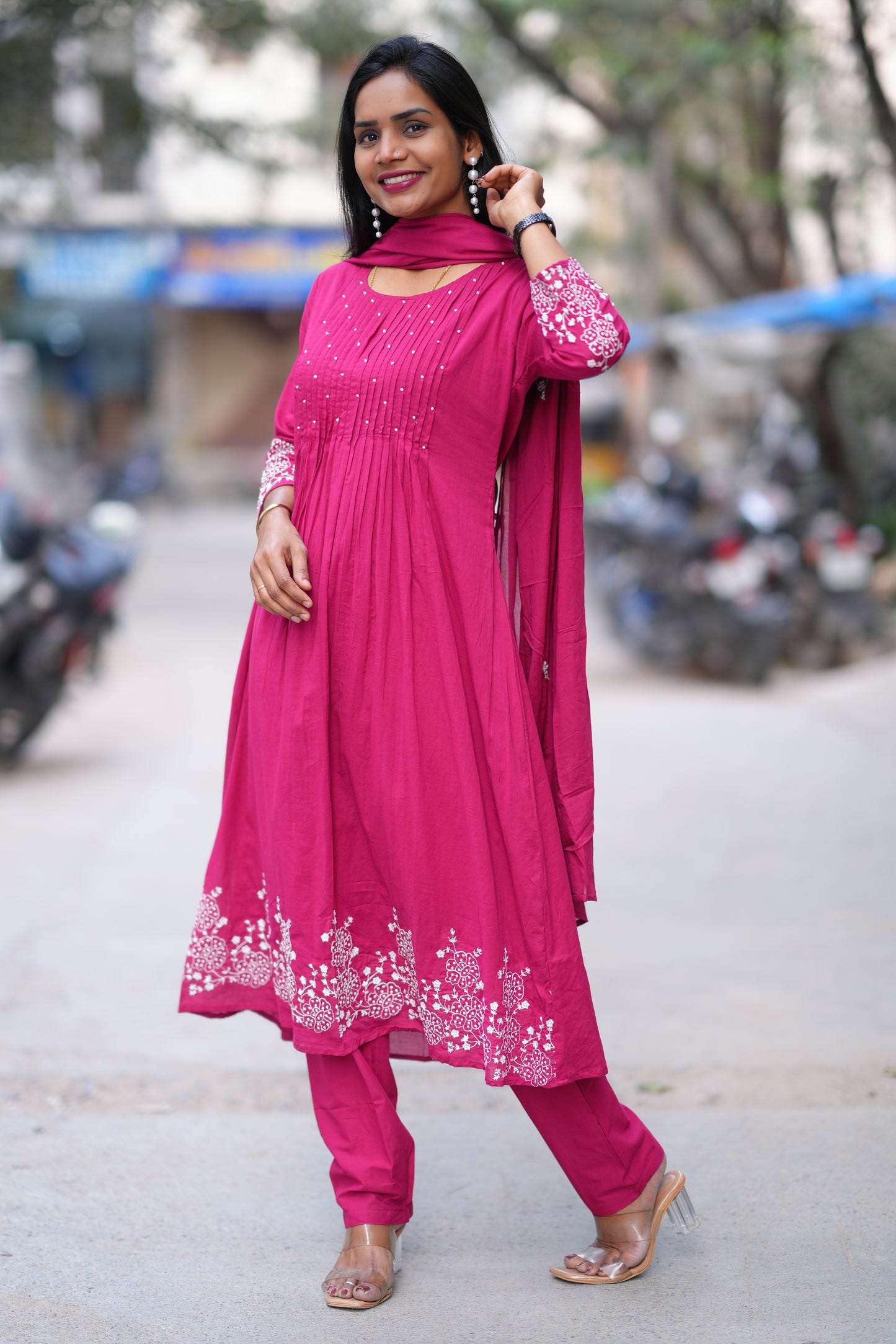 Rani Pink Color Jaipur Cotton 3 Piece Set With Embroidery Work and Complete Lining