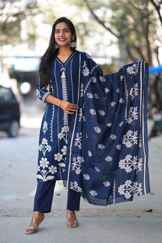 Blue Color Jaipuri Cotton 3 Piece Set With Discharge Print Design