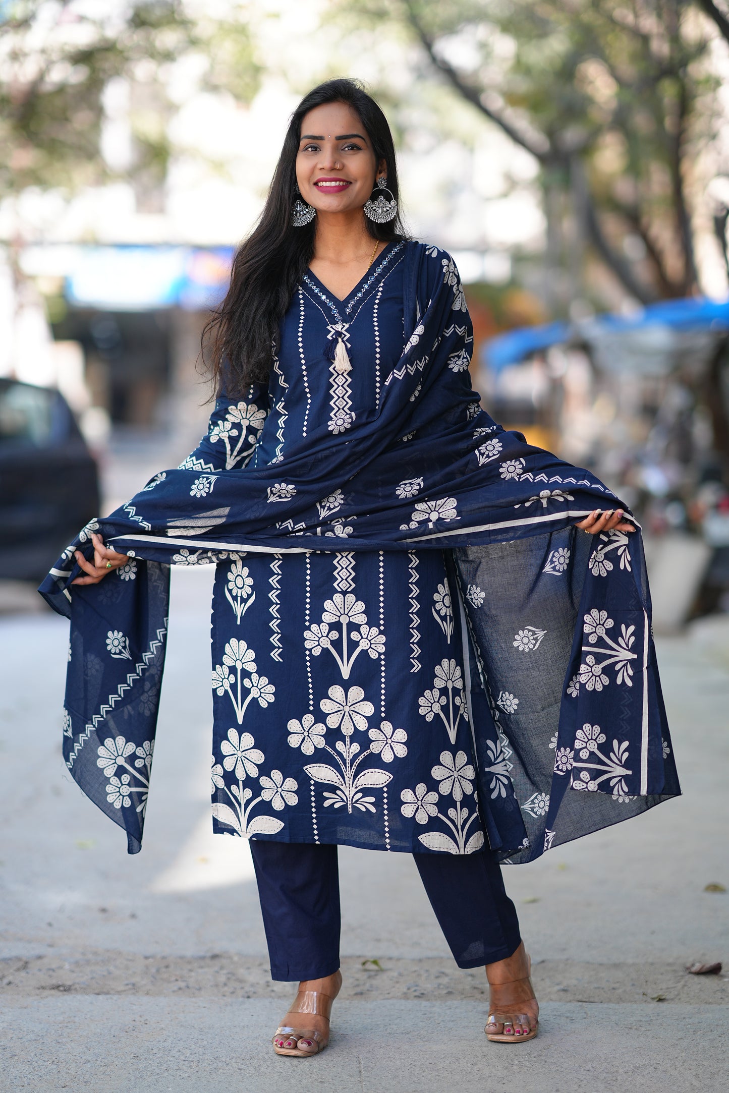 Blue Color Jaipuri Cotton 3 Piece Set With Discharge Print Design