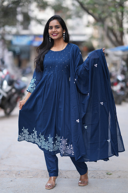 Navy Blue Color Jaipur Cotton 3 Piece Set With Embroidery Work and Complete Lining