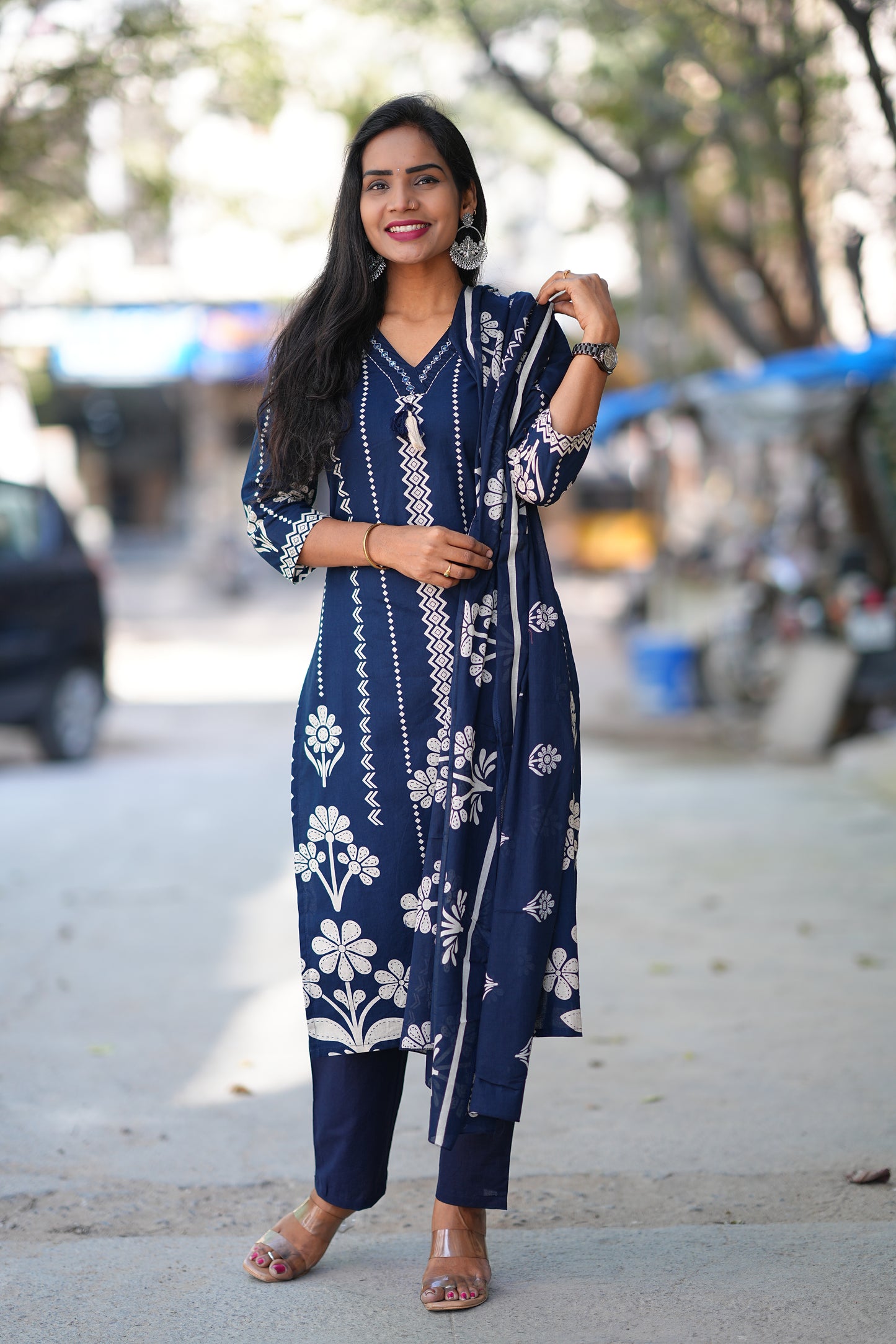 Blue Color Jaipuri Cotton 3 Piece Set With Discharge Print Design