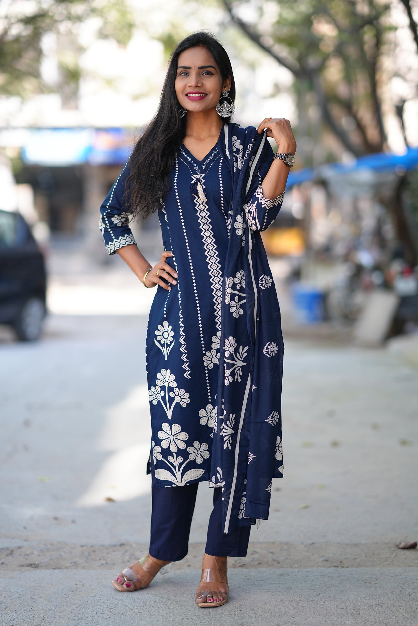 Blue Color Jaipuri Cotton 3 Piece Set With Discharge Print Design