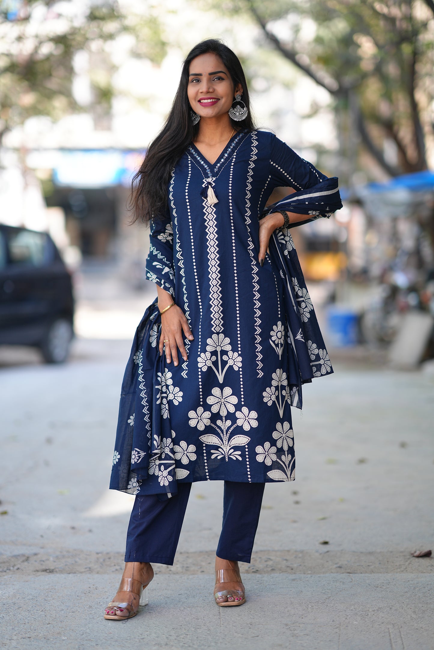 Blue Color Jaipuri Cotton 3 Piece Set With Discharge Print Design
