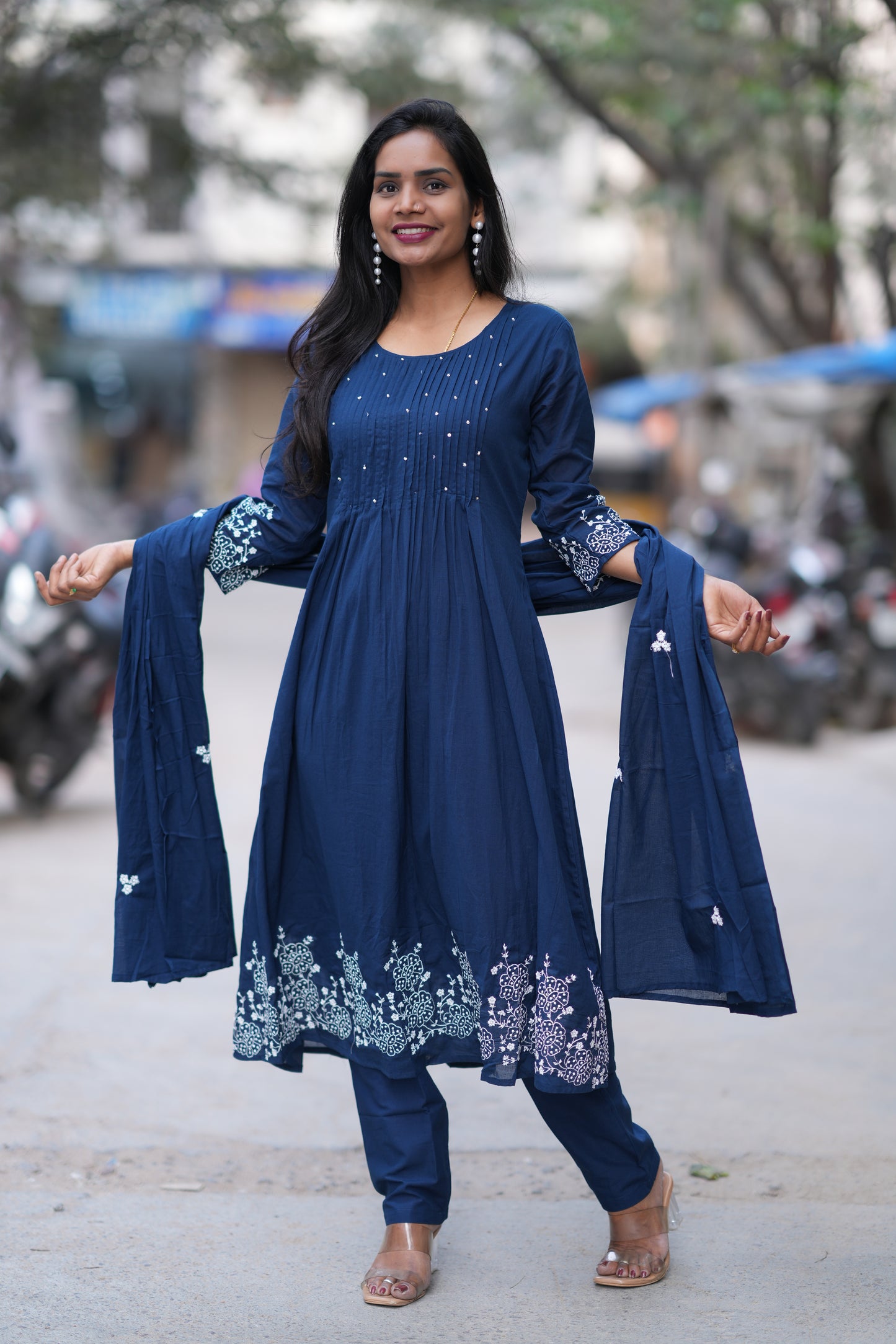 Navy Blue Color Jaipur Cotton 3 Piece Set With Embroidery Work and Complete Lining