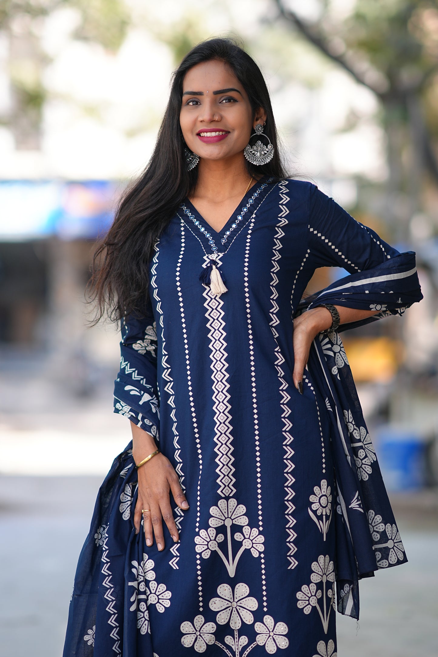Blue Color Jaipuri Cotton 3 Piece Set With Discharge Print Design