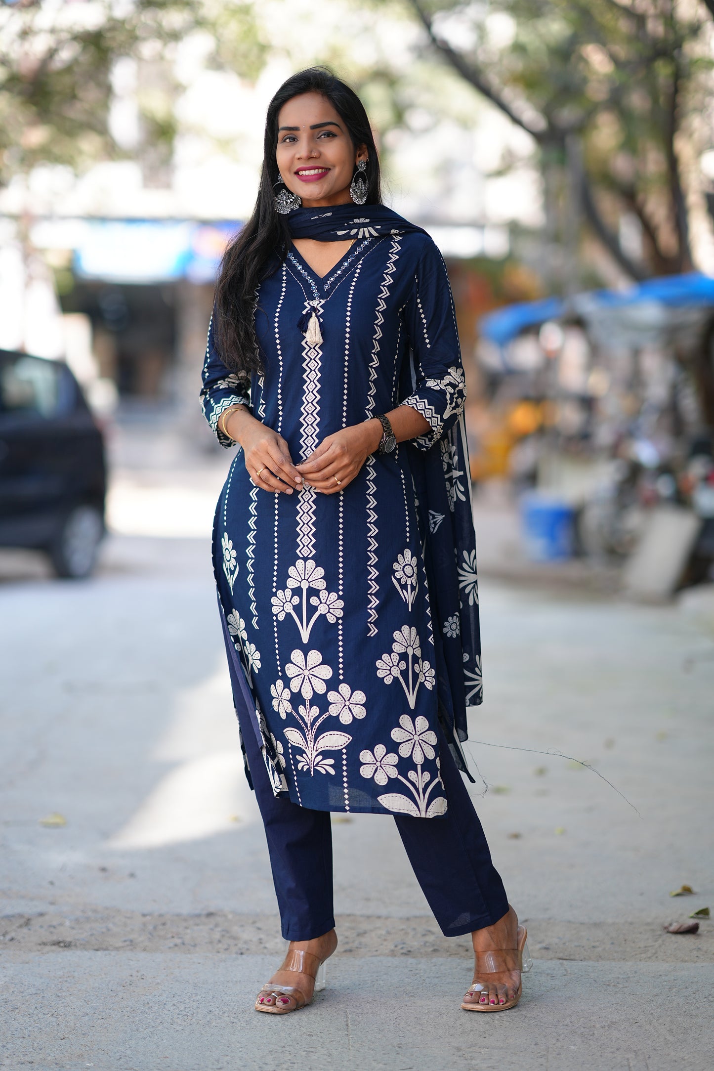 Blue Color Jaipuri Cotton 3 Piece Set With Discharge Print Design