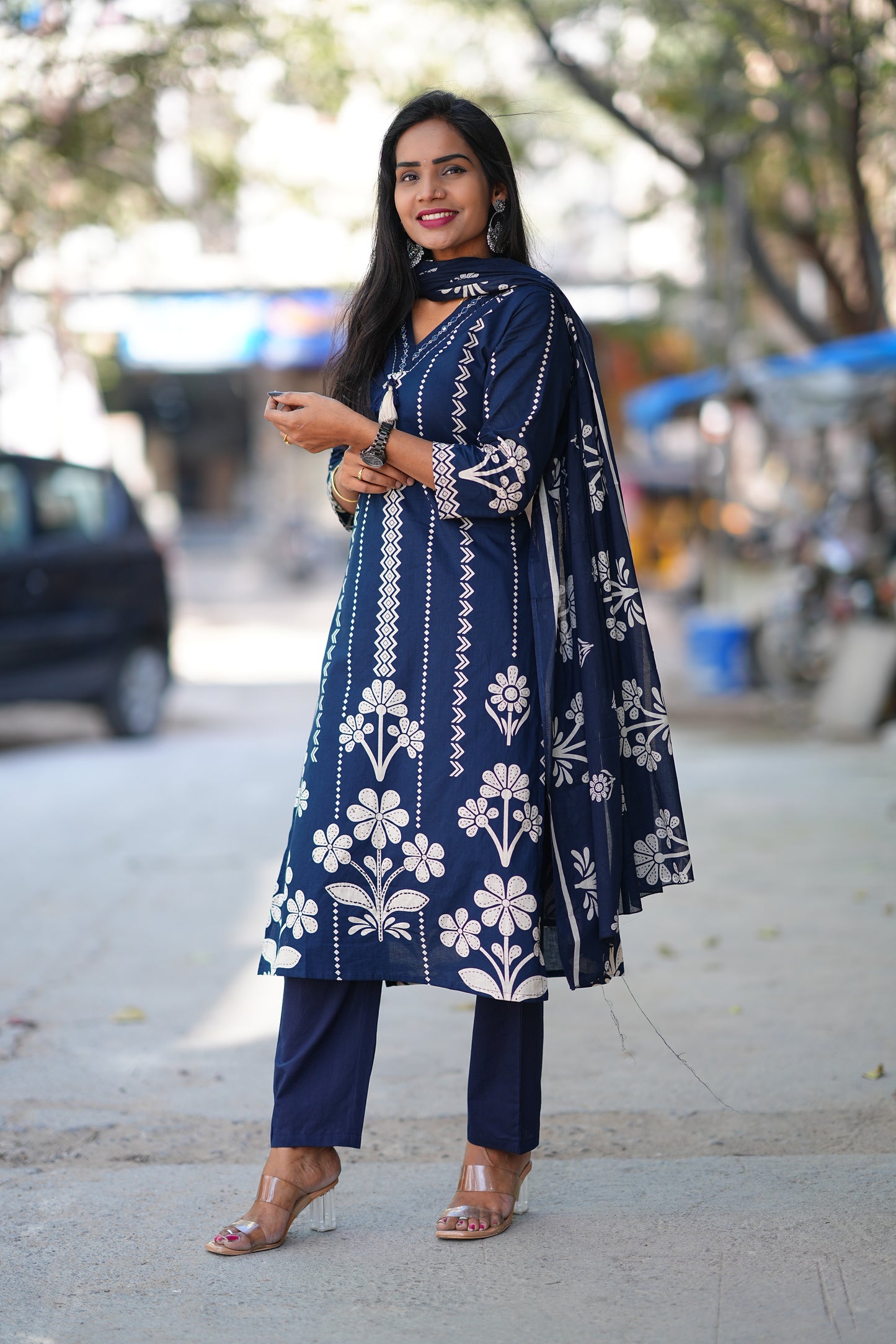 Blue Color Jaipuri Cotton 3 Piece Set With Discharge Print Design