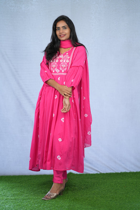 Pink Color Mul Cotton 3 Piece Set With Embroidery work and Complete Lining