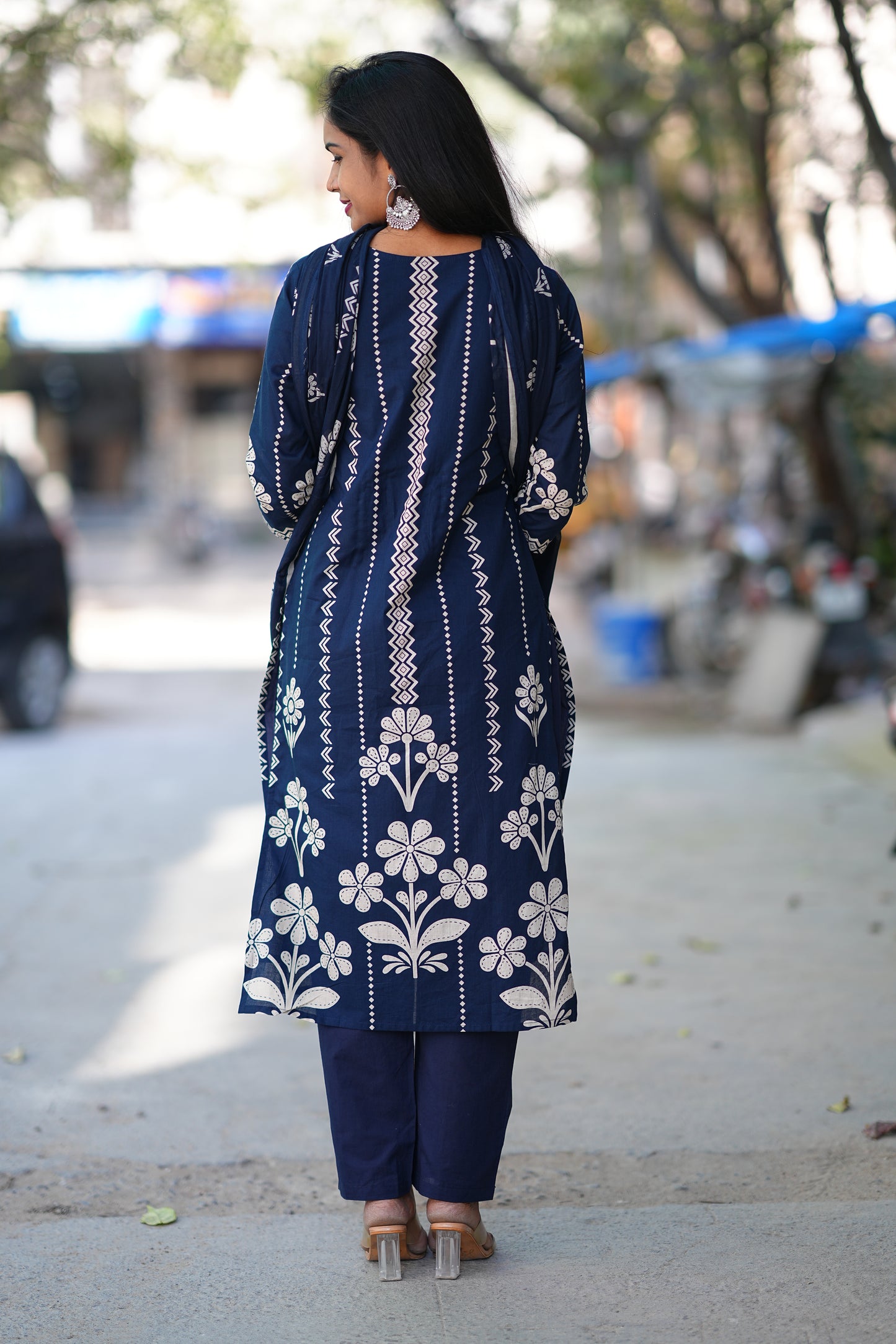 Blue Color Jaipuri Cotton 3 Piece Set With Discharge Print Design