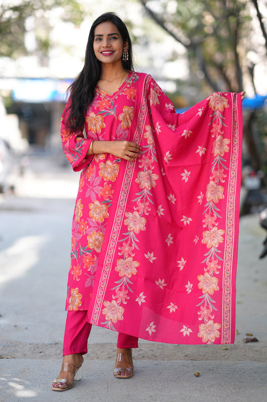 Red Color Floral Print Modal Silk 3 Piece Set With Complete Lining