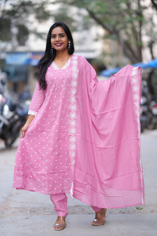 Pink Color Mul cotton 3 Piece Set With Embroidery Work