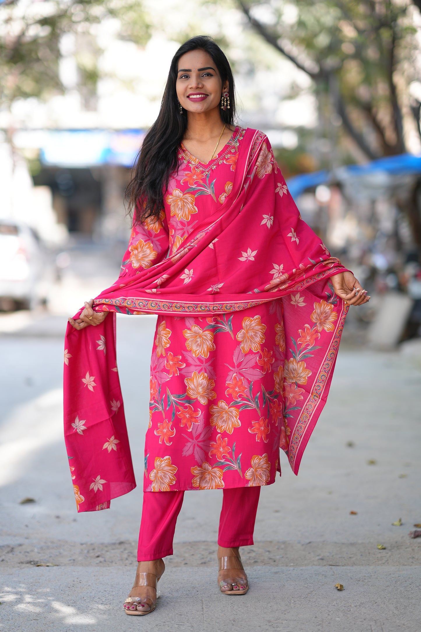 Red Color Floral Print Modal Silk 3 Piece Set With Complete Lining