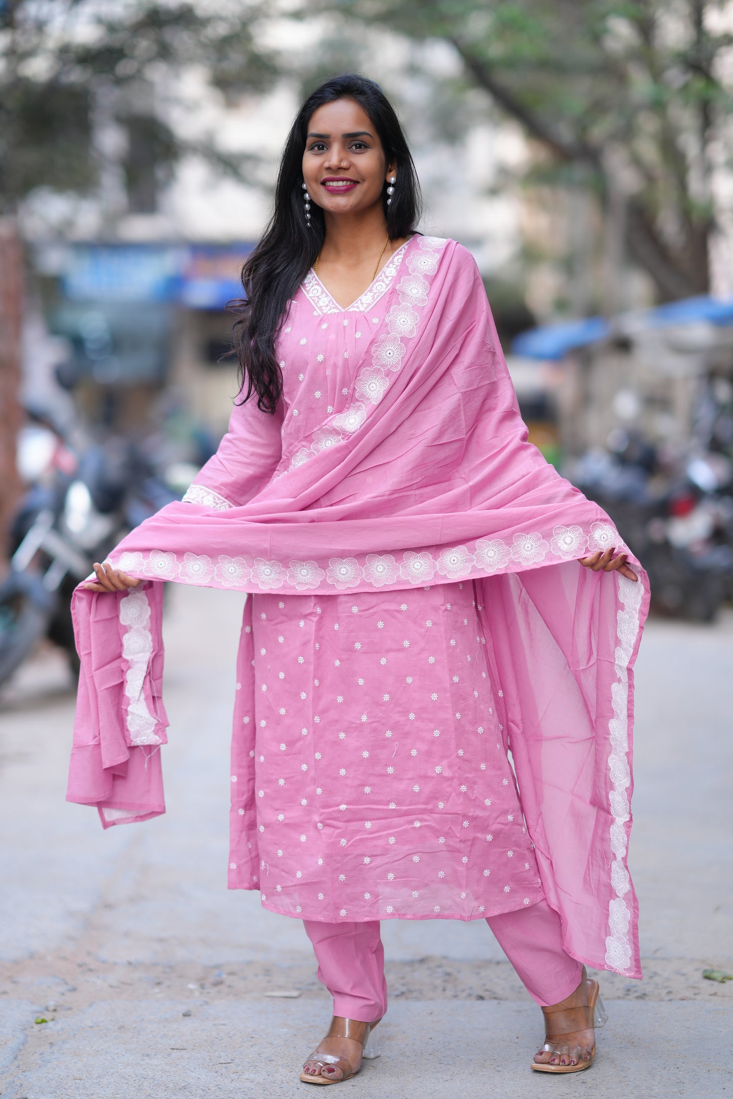 Pink Color Mul cotton 3 Piece Set With Embroidery Work
