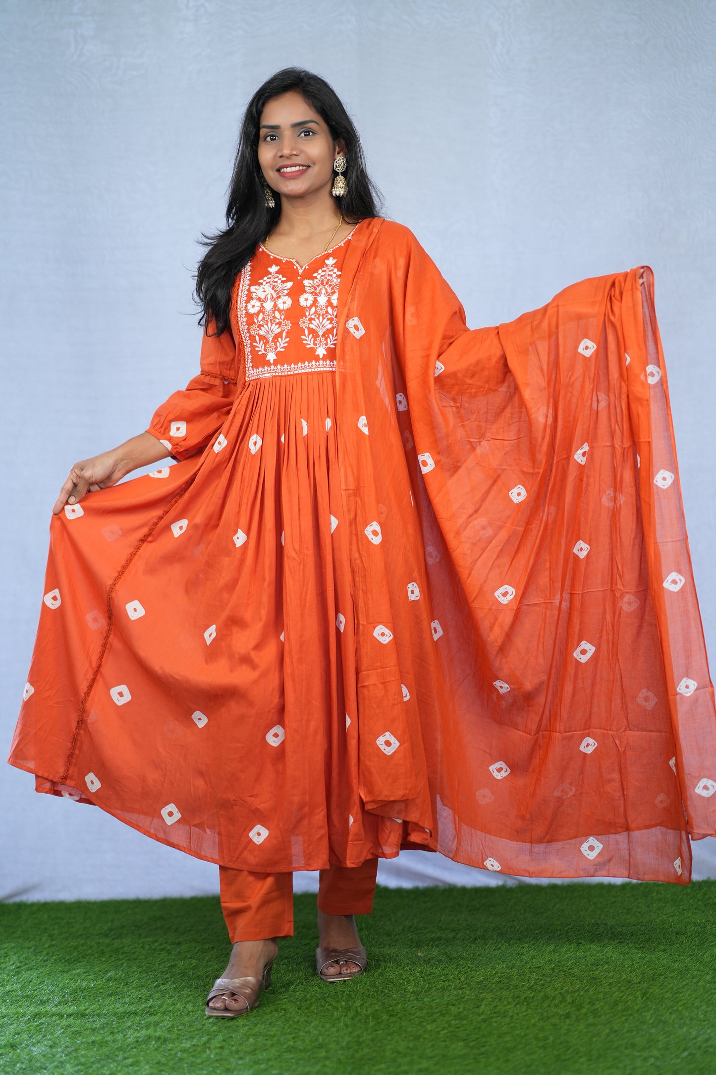 Orange Color Mul Cotton 3 Piece Set With Embroidery work and Complete Lining