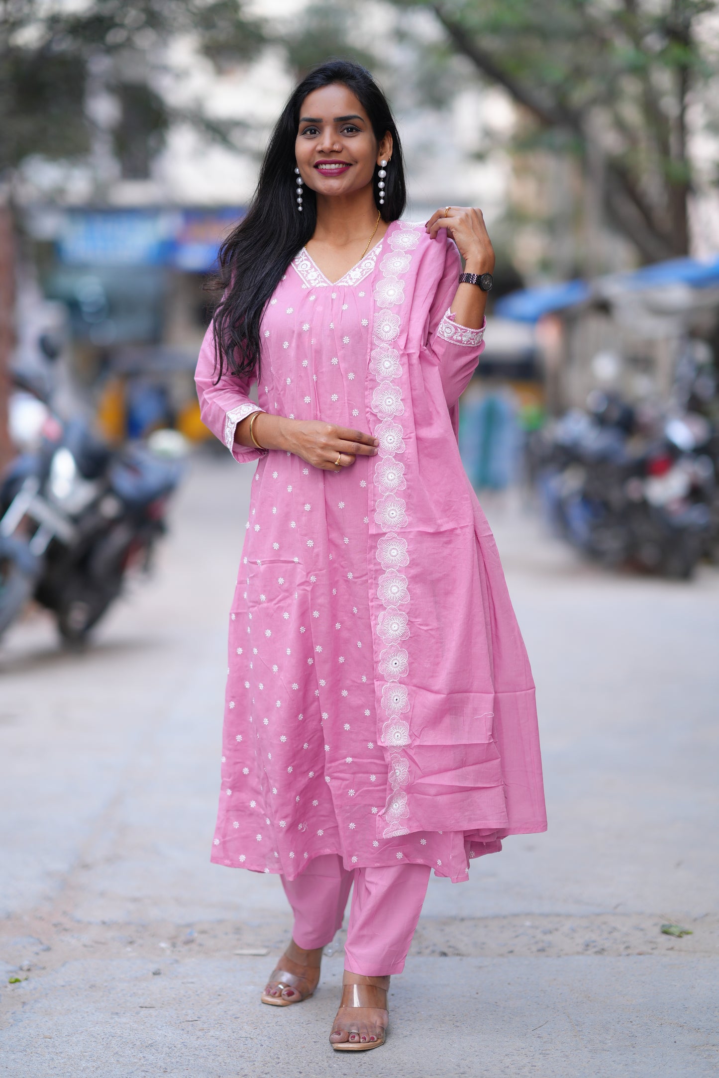 Pink Color Mul cotton 3 Piece Set With Embroidery Work