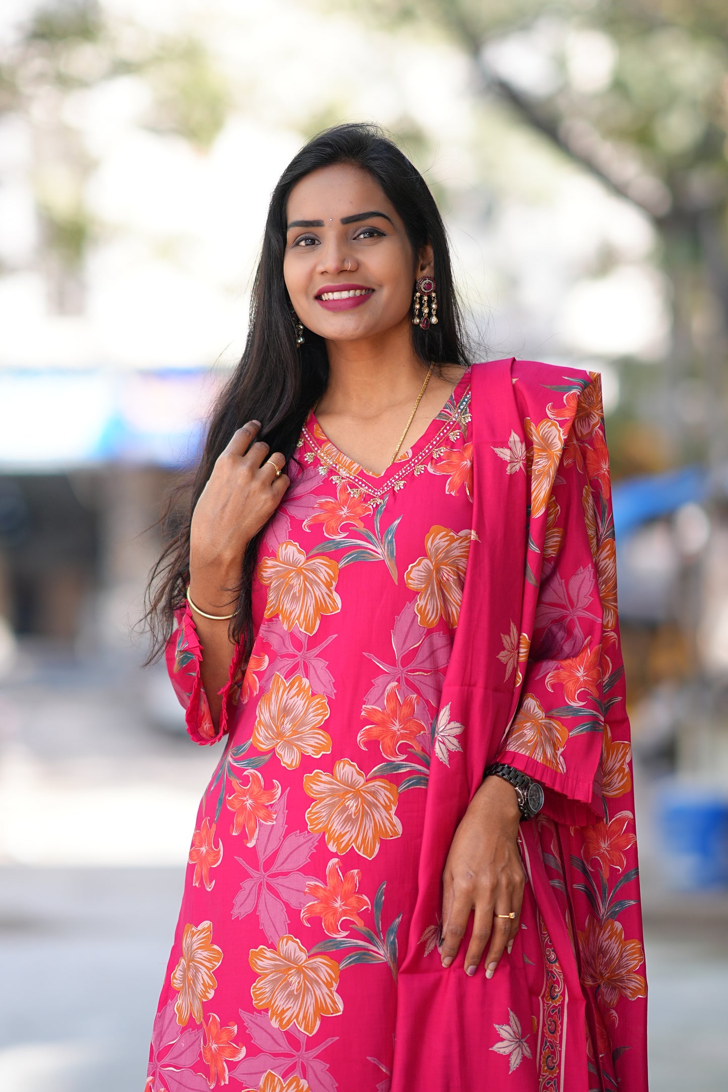 Red Color Floral Print Modal Silk 3 Piece Set With Complete Lining