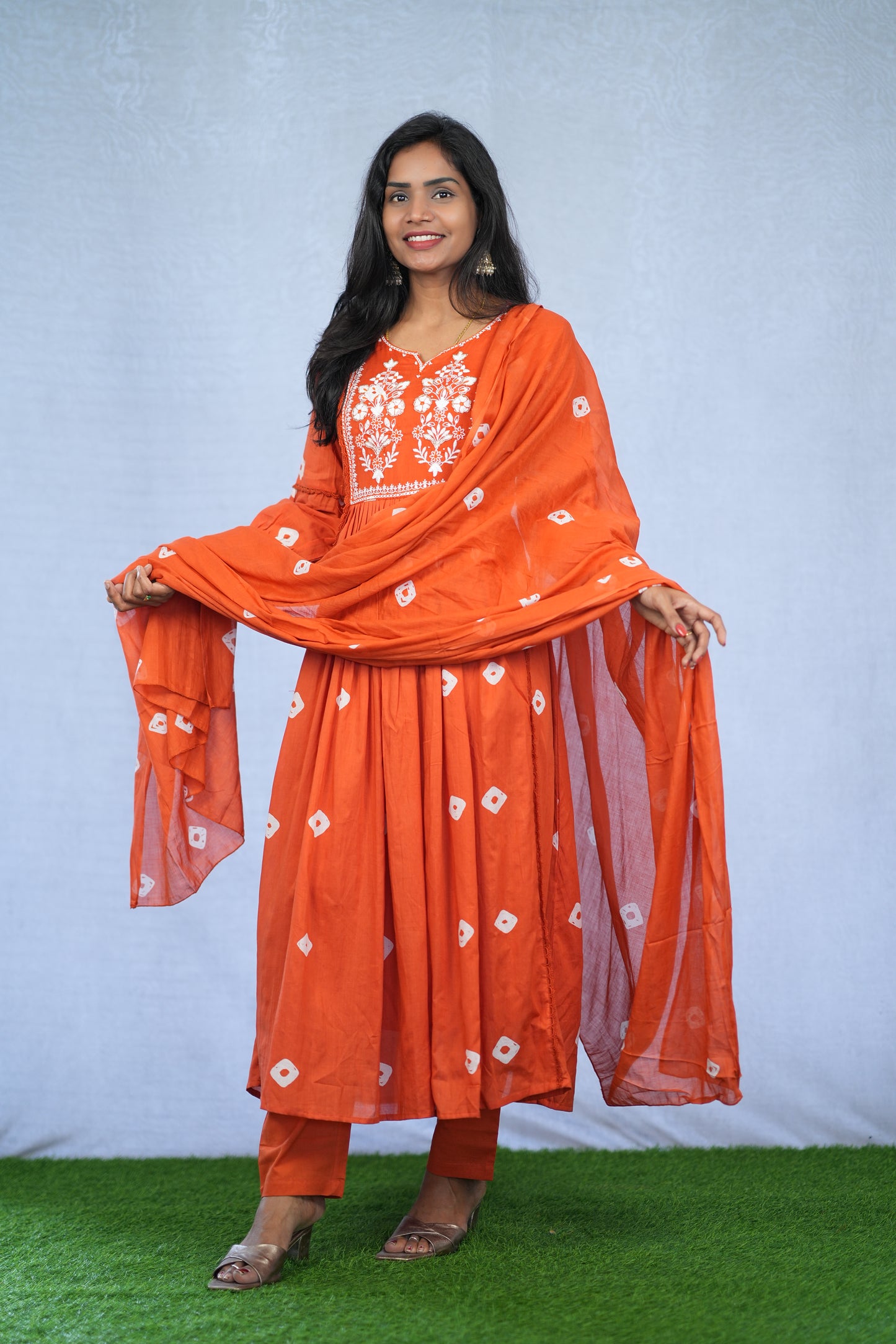 Orange Color Mul Cotton 3 Piece Set With Embroidery work and Complete Lining