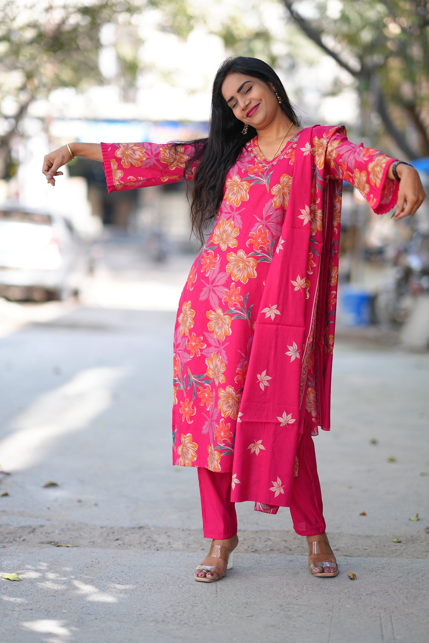 Red Color Floral Print Modal Silk 3 Piece Set With Complete Lining