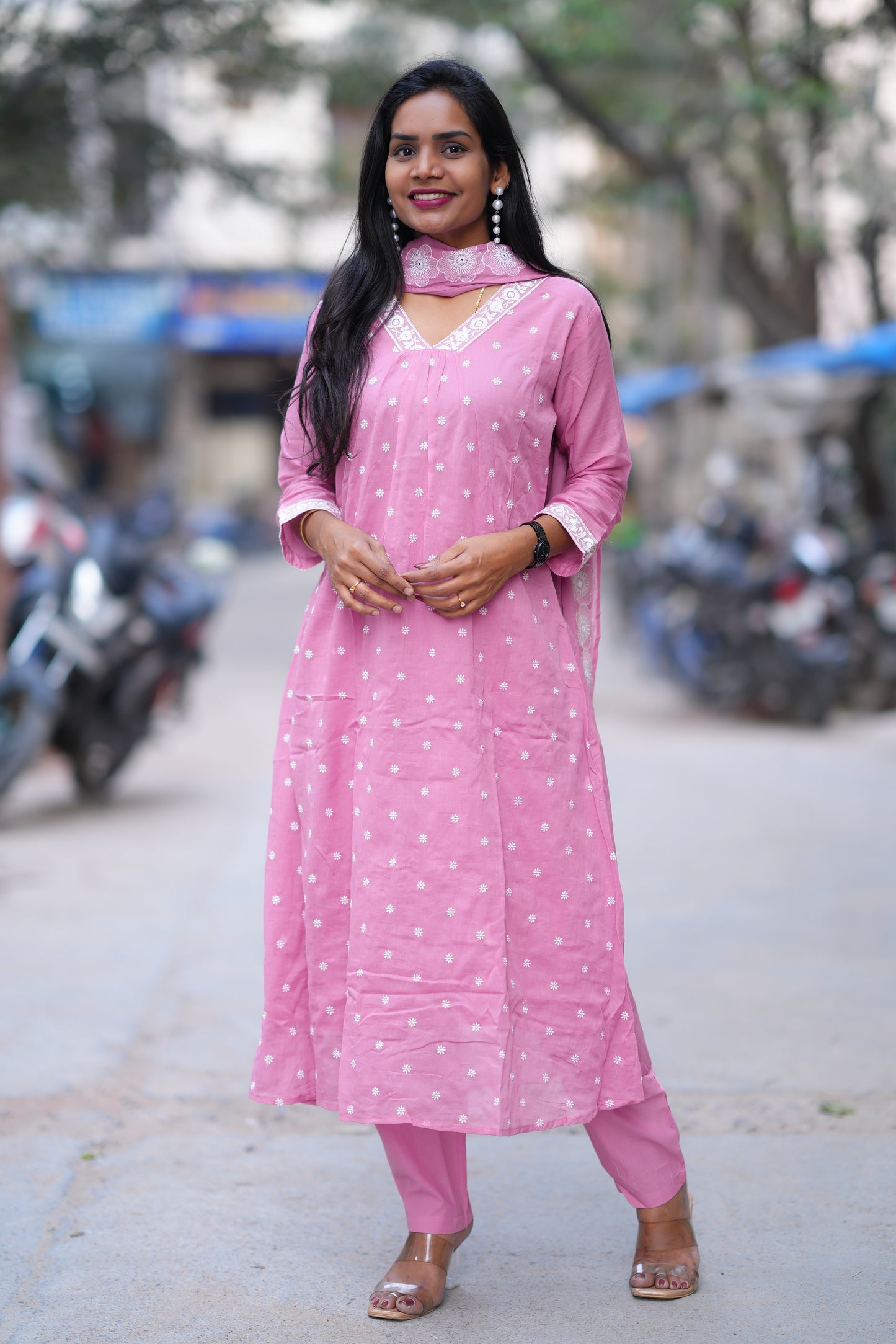 Pink Color Mul cotton 3 Piece Set With Embroidery Work