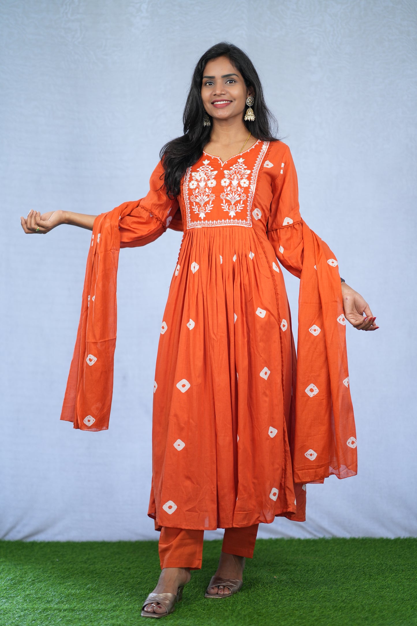 Orange Color Mul Cotton 3 Piece Set With Embroidery work and Complete Lining