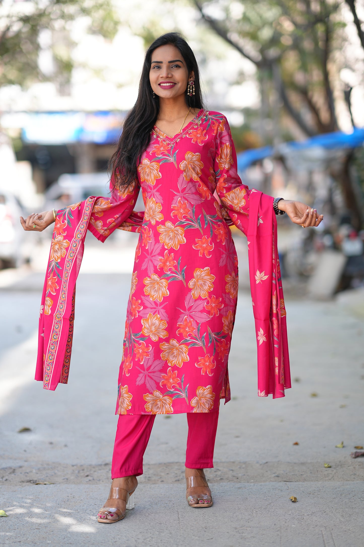 Red Color Floral Print Modal Silk 3 Piece Set With Complete Lining