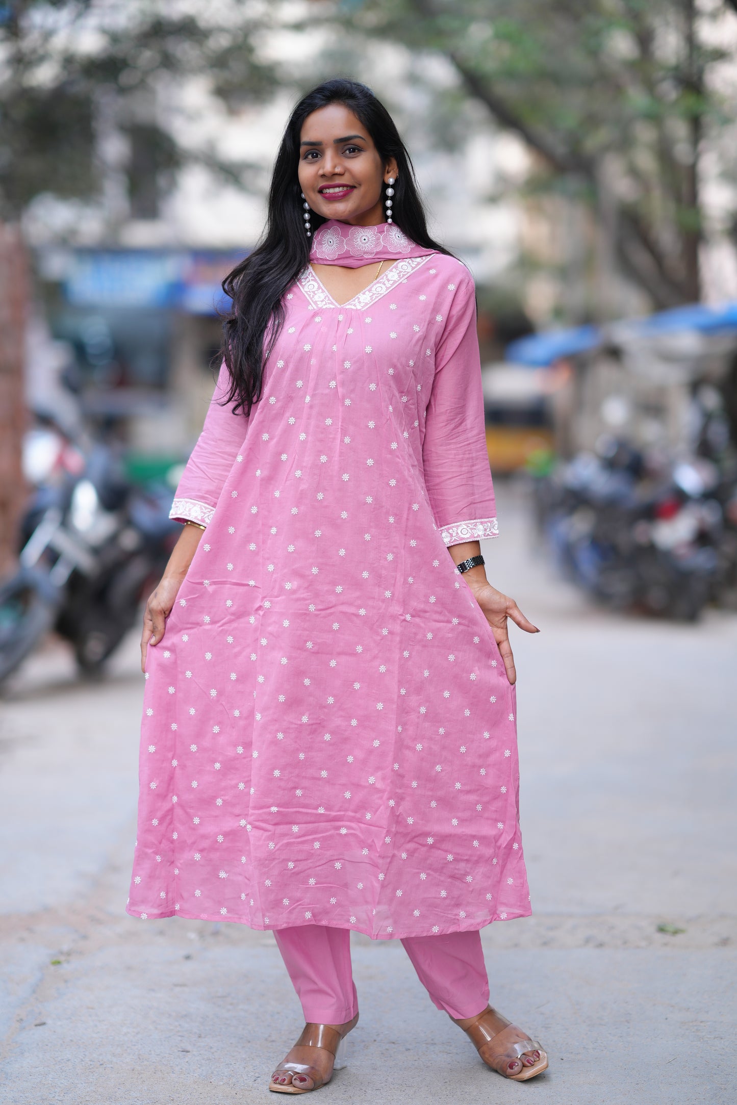 Pink Color Mul cotton 3 Piece Set With Embroidery Work