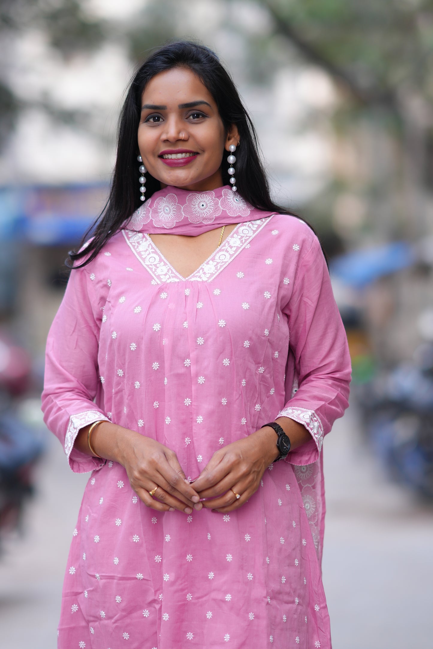 Pink Color Mul cotton 3 Piece Set With Embroidery Work