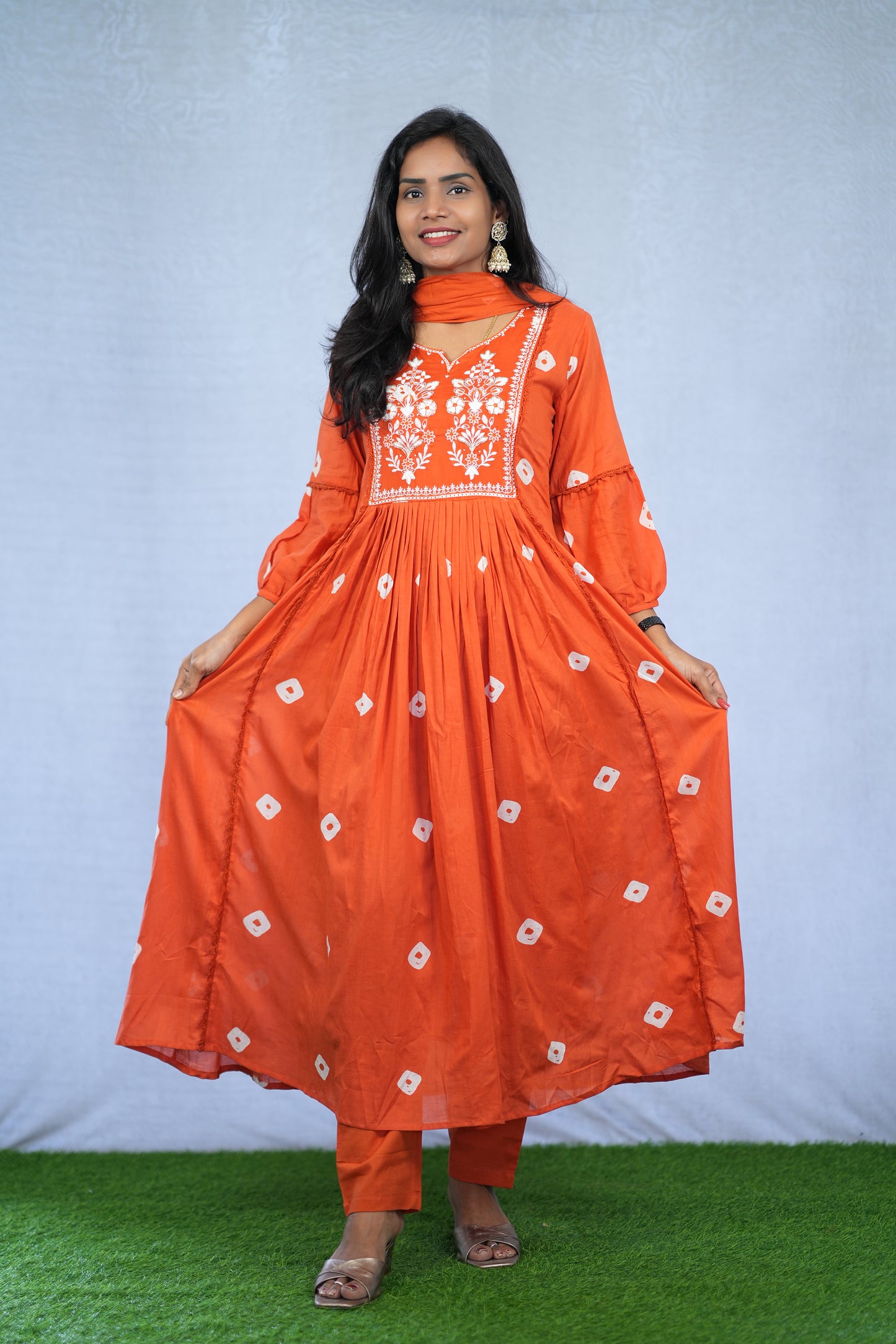 Orange Color Mul Cotton 3 Piece Set With Embroidery work and Complete Lining