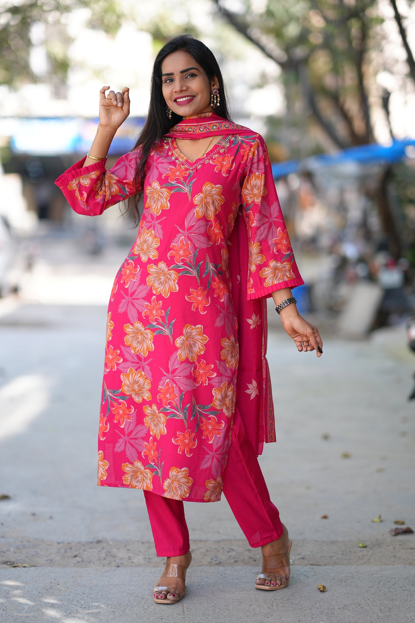 Red Color Floral Print Modal Silk 3 Piece Set With Complete Lining