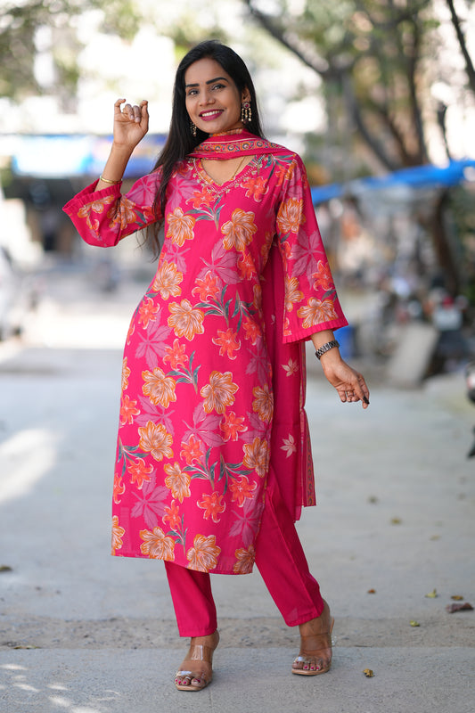 Red Color Floral Print Modal Silk 3 Piece Set With Complete Lining