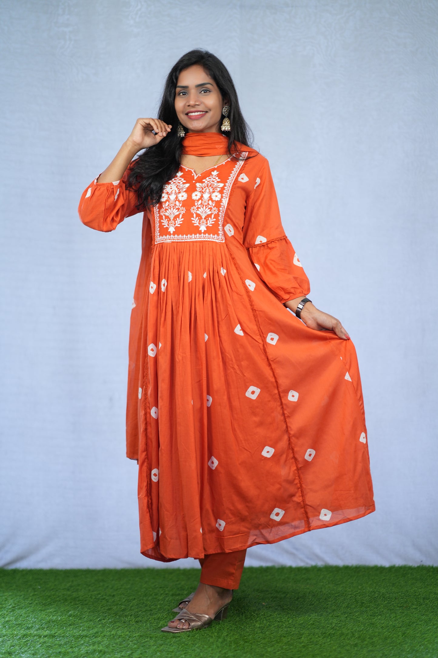 Orange Color Mul Cotton 3 Piece Set With Embroidery work and Complete Lining