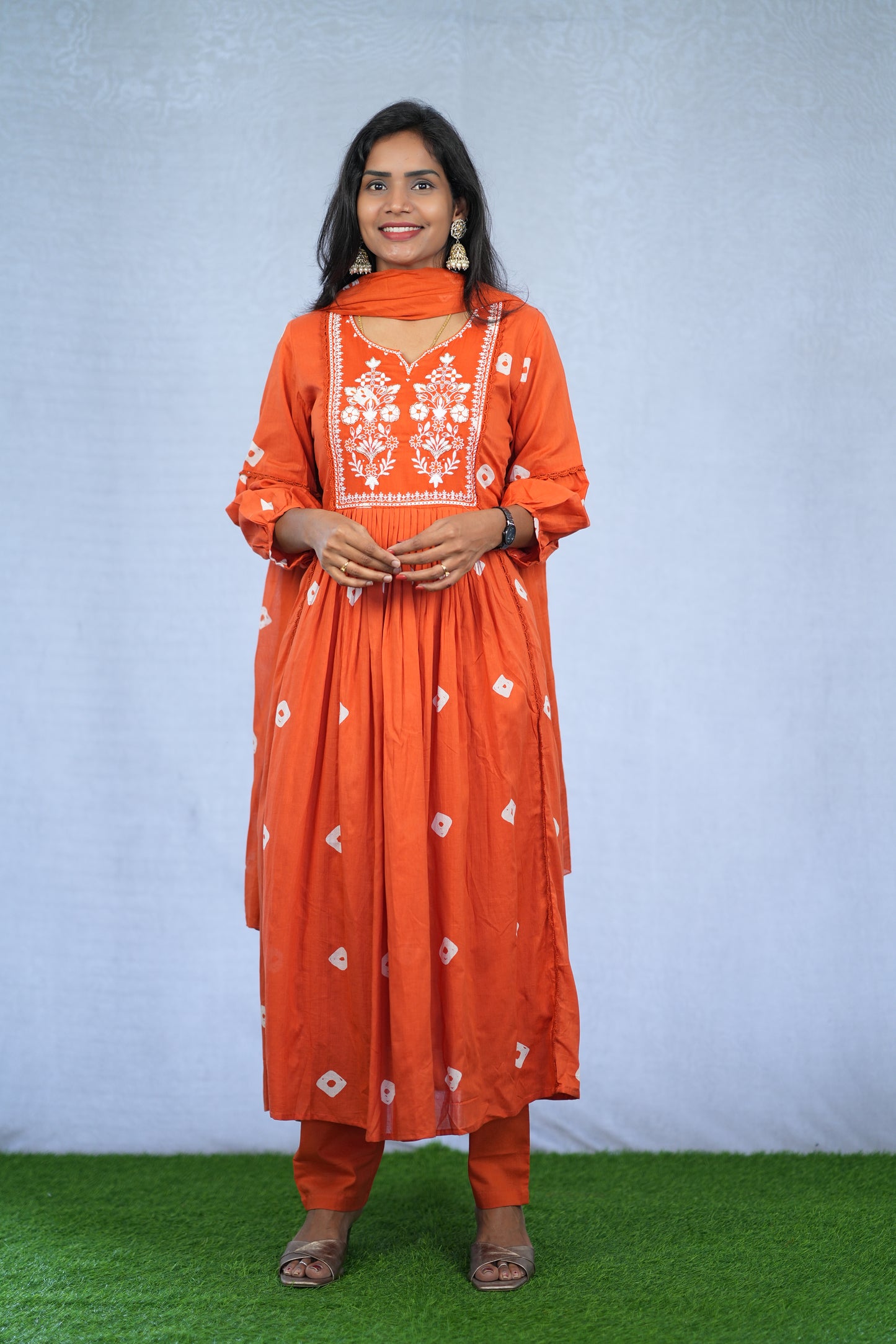 Orange Color Mul Cotton 3 Piece Set With Embroidery work and Complete Lining