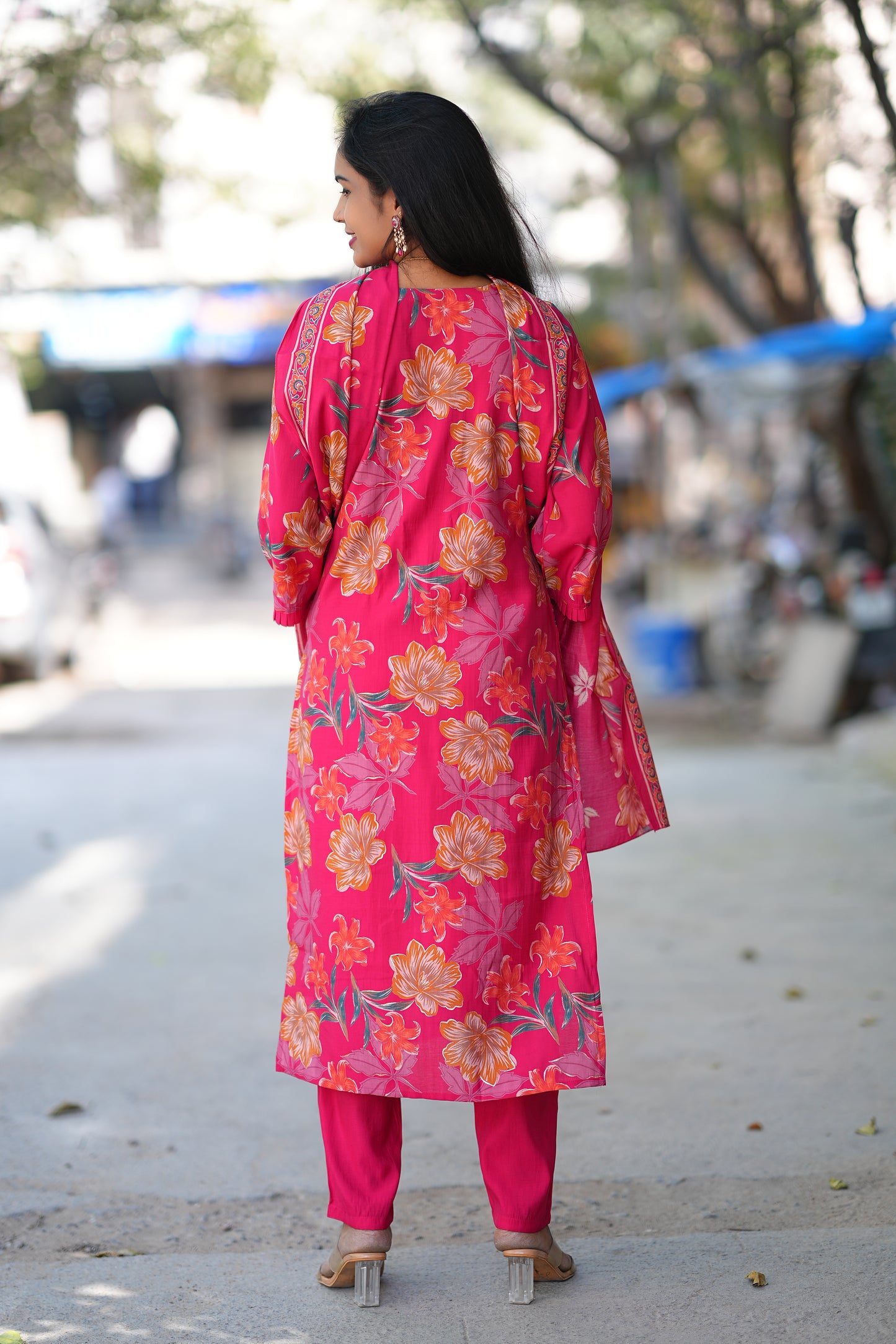 Red Color Floral Print Modal Silk 3 Piece Set With Complete Lining