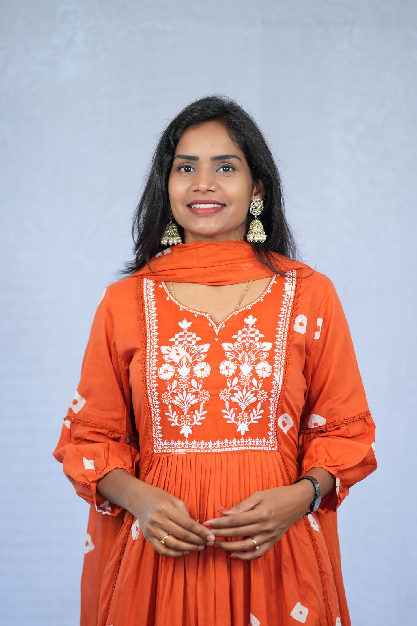 Orange Color Mul Cotton 3 Piece Set With Embroidery work and Complete Lining
