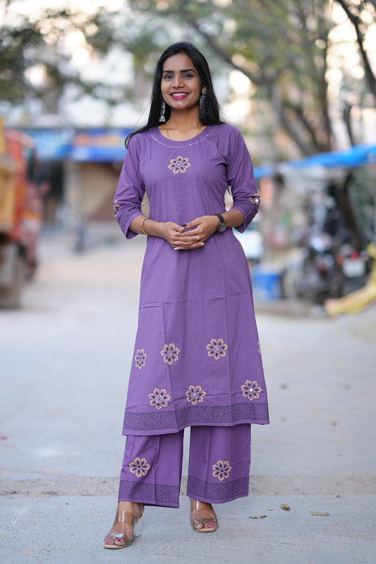 Purple Color Jaipur Cotton Cordset With Hand Block Print