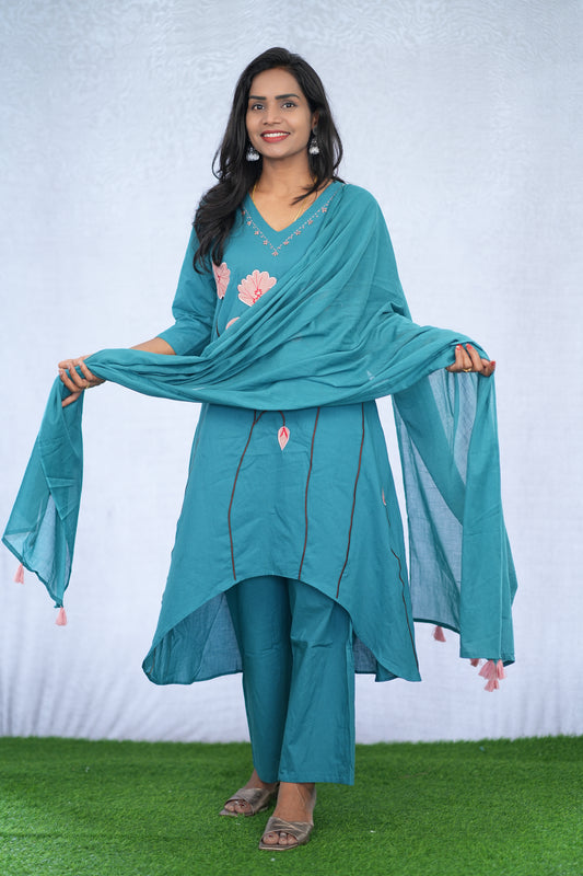 Teal Blue Color Stylish 3 Piece Set with applique work