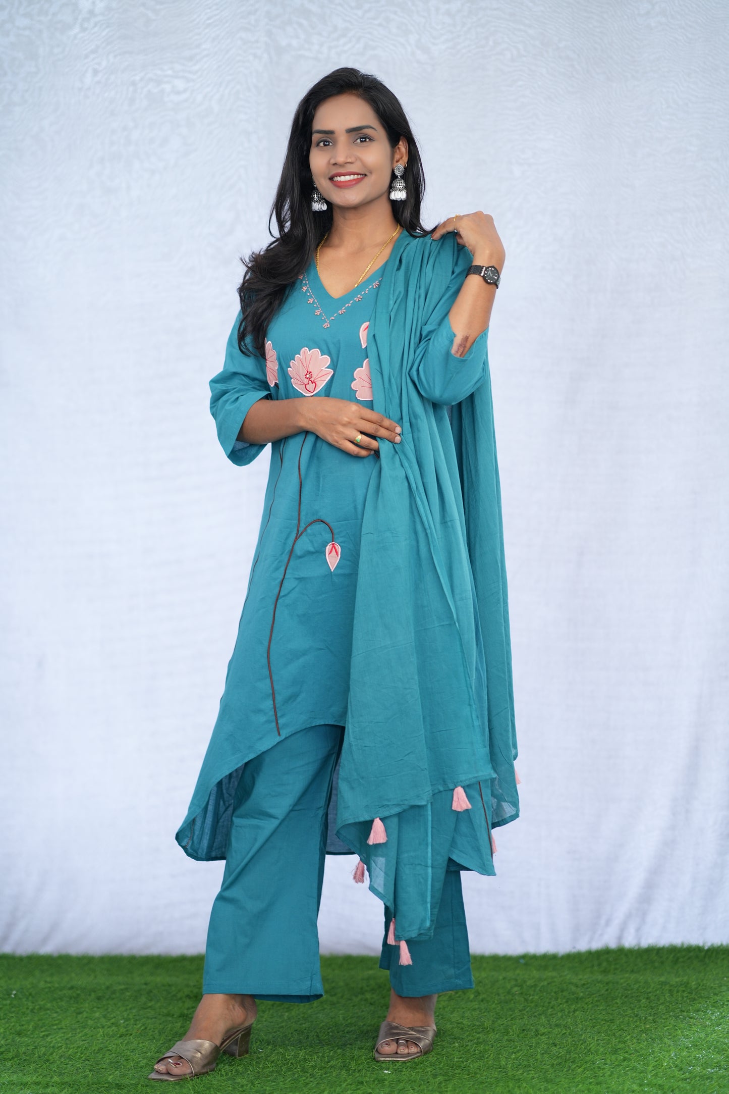 Teal Blue Color Stylish 3 Piece Set with applique work