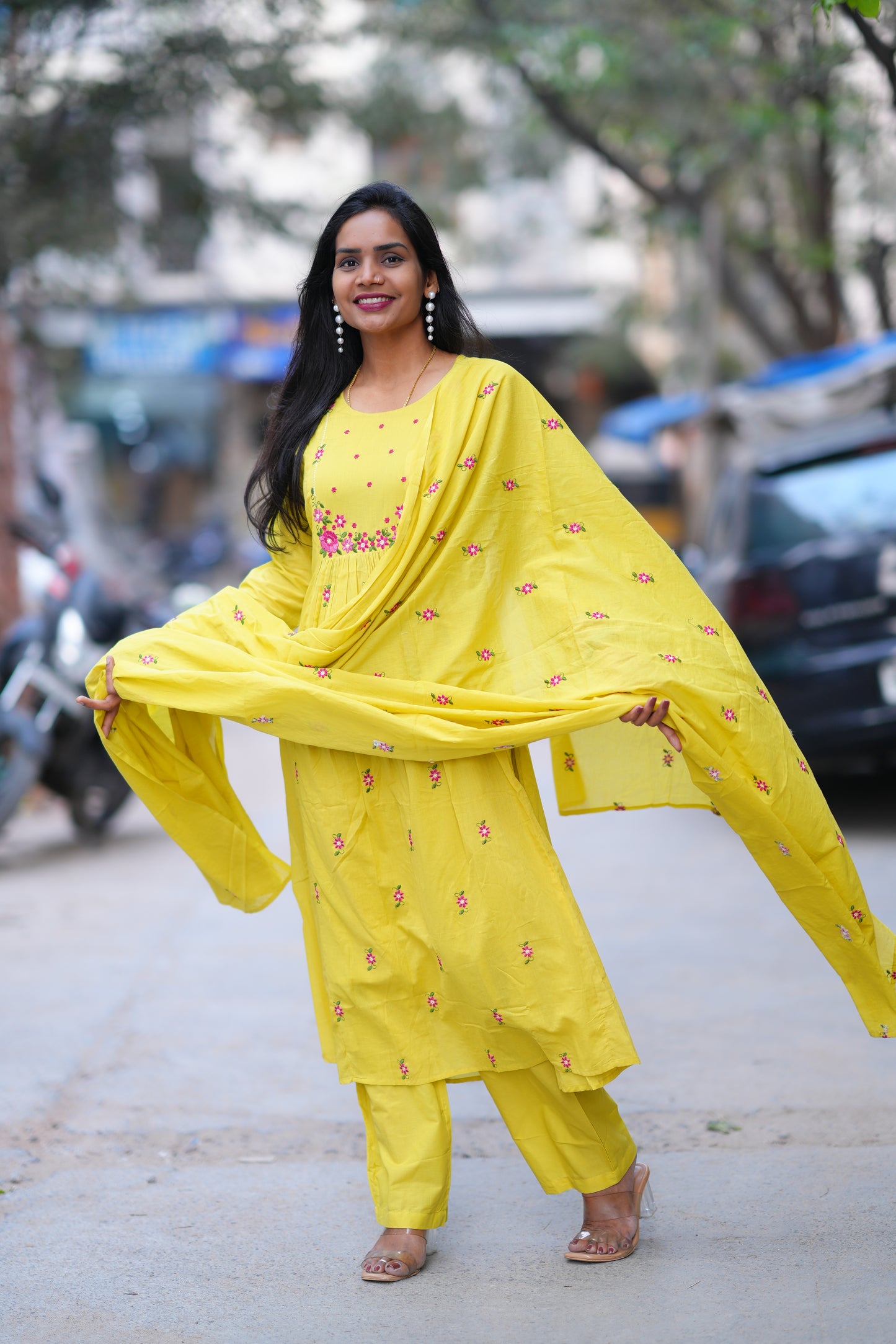 Yellow Color Mul Cotton 3 Piece Set With Embroidery Work and Complete Lining