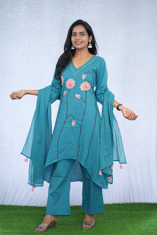 Teal Blue Color Stylish 3 Piece Set with applique work